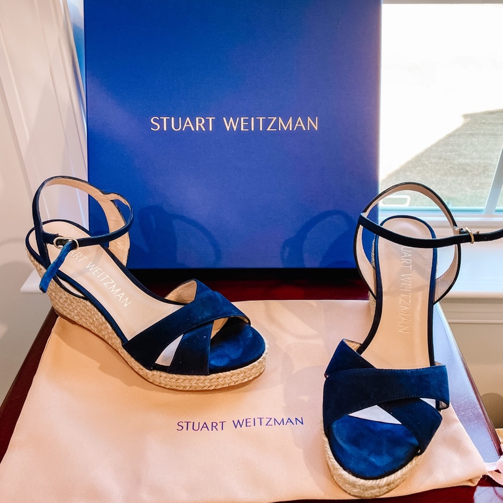 STUART WEITZMAN Rosemarie Espadrille Wedge Sandal Blue, Size 38 or 7.5 in Suede